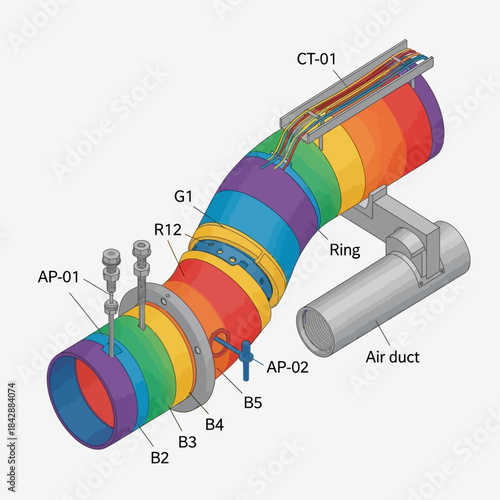 Isometric diagram of a segmented, rainbow-colored industrial pipe system with labeled components and an air duct.