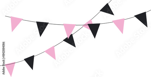 A banner with pink and black flags hanging from a white background