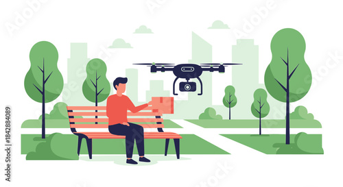 Futuristic drone delivery system in an urban park with a relaxed customer receiving his package