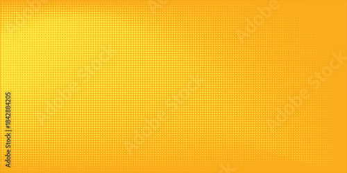 Yellow orange halftone pattern. Retro comic gradient background. Square pixilated dot cartoon texture. Pop art faded gradient pattern. Vector backdrop.