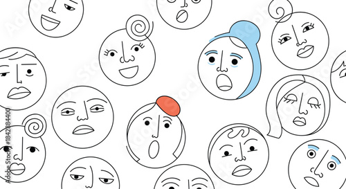 Seamless pattern of quirky hand-drawn faces with various expressions in a simple black and white line art doodle style.