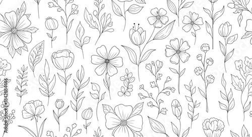 Elegant seamless pattern of hand-drawn botanical wildflowers and leaves in a delicate black and white line art style.
