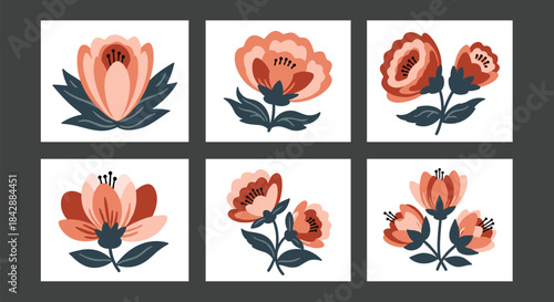 Collection of six beautiful folk art style floral illustrations with red flowers and dark leaves set in square frames.