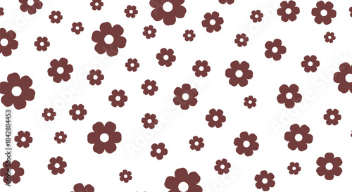 Minimalist and simple seamless floral pattern with scattered brown daisy flowers of various sizes on a white background.