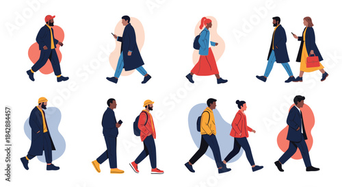 Collection of diverse modern people in side view walking profiles wearing casual and business attire vector illustration.