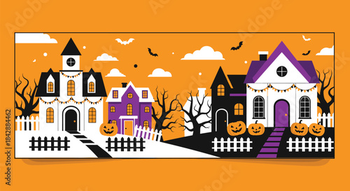 Spooky Halloween village scene with decorated haunted houses jack-o-lanterns and flying bats against an orange night sky.