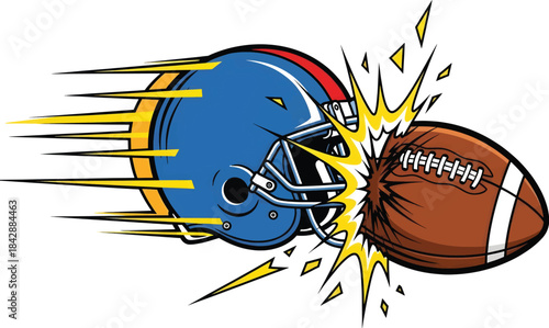American football collision concept, blue helmet crashing into ball with impact sparks, dynamic sports action vector illustration, touchdown and game competition.