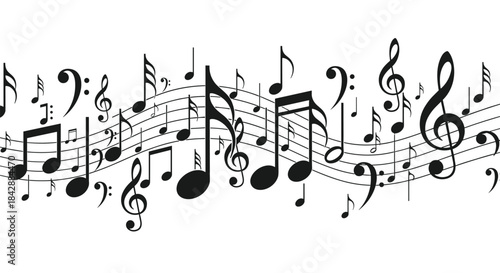 Abstract music background with a flowing design of random black musical notes and clefs on a wavy musical staff.