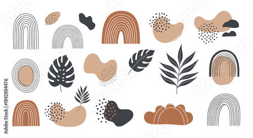 Collection of trendy abstract bohemian style design elements with organic shapes rainbows and monstera leaves for modern art.