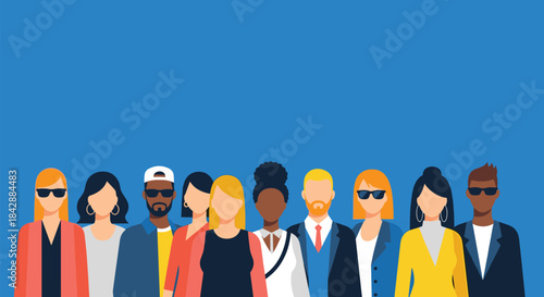 Diverse group of anonymous faceless people wearing sunglasses standing together as a community on a blue background.