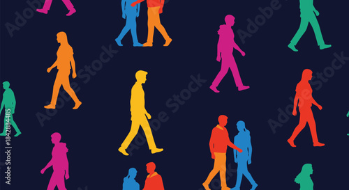 Seamless pattern of vibrant and colorful silhouettes of diverse people walking against a dark background for social concepts.