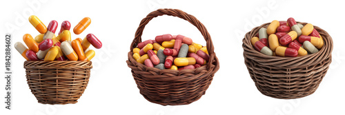 Set of Assortment of medical capsules scattered from a tipped red bottle transparent png background. Ai generated