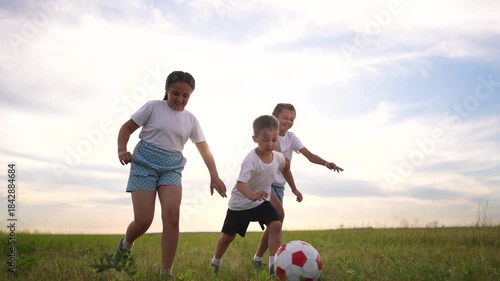 A group of children playing soccer in a park. Summer boy people concept. A family of children playing with a ball. A family playing soccer in park. children play ball summer together in the park.