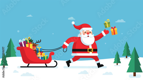 Modern flat illustration of Santa Claus delivering gifts from his sleigh, ideal for Christmas layouts, festive designs, holiday marketing, winter decorations, and seasonal promotions