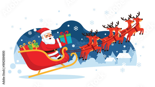Modern flat illustration of Santa Claus delivering gifts from his sleigh, ideal for Christmas layouts, festive designs, holiday marketing, winter decorations, and seasonal promotions