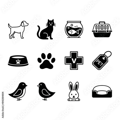 Collection of Pet Care Icons including Dogs, Cats, Birds, Rabbits, and Veterinary Symbols