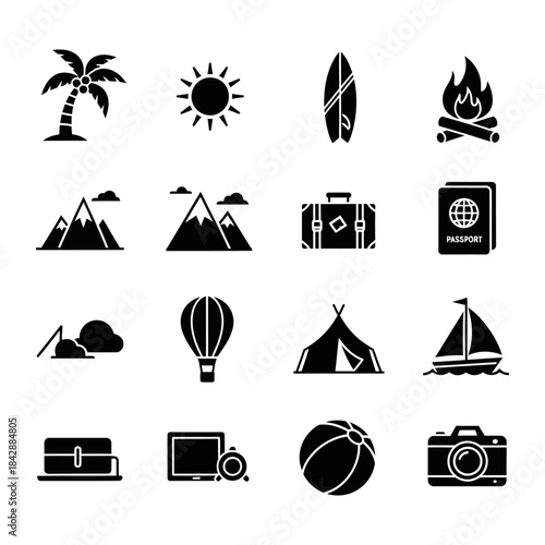 Collection of travel and outdoor activity icons representing vacation and leisure pursuits