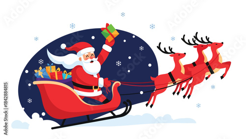 Modern flat illustration of Santa Claus delivering gifts from his sleigh, ideal for Christmas layouts, festive designs, holiday marketing, winter decorations, and seasonal promotions
