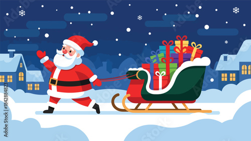 Modern flat illustration of Santa Claus delivering gifts from his sleigh, ideal for Christmas layouts, festive designs, holiday marketing, winter decorations, and seasonal promotions