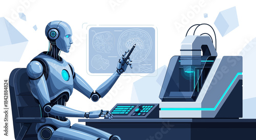 Futuristic healthcare: A robot analyzing medical data for advanced 3D printing solutions