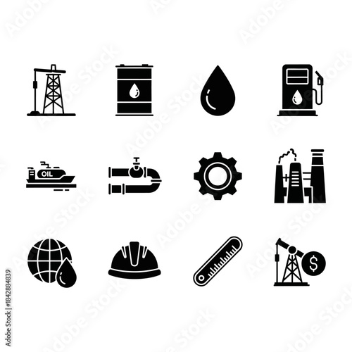 Oil and Gas Industry Icons Crude Oil, Refinery, and Equipment Set