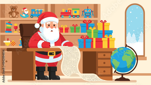 Flat vector illustration of Santa Claus checking his long list inside the workshop, ideal for holiday campaigns, festive branding, children’s products, and seasonal storytelling