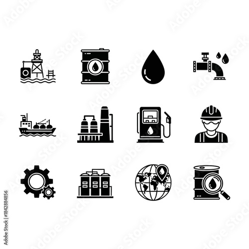 Oil and Gas Industry Icons Exploration, Extraction, Refining, and Distribution