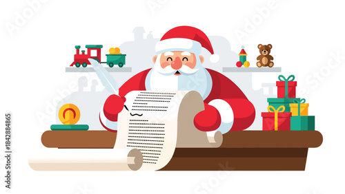 Flat vector illustration of Santa Claus checking his long list inside the workshop, ideal for holiday campaigns, festive branding, children’s products, and seasonal storytelling