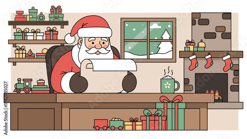Flat vector illustration of Santa Claus checking his long list inside the workshop, ideal for holiday campaigns, festive branding, children’s products, and seasonal storytelling