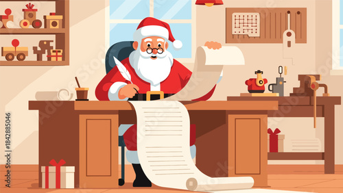 Flat vector illustration of Santa Claus checking his long list inside the workshop, ideal for holiday campaigns, festive branding, children’s products, and seasonal storytelling