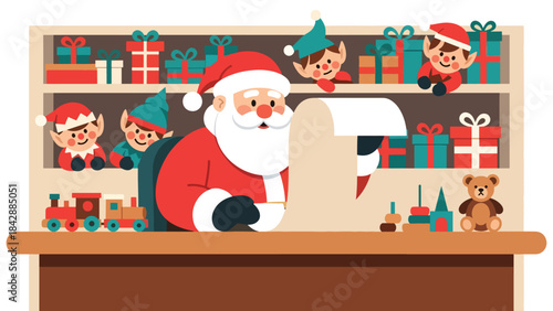 Flat vector illustration of Santa Claus checking his long list inside the workshop, ideal for holiday campaigns, festive branding, children’s products, and seasonal storytelling
