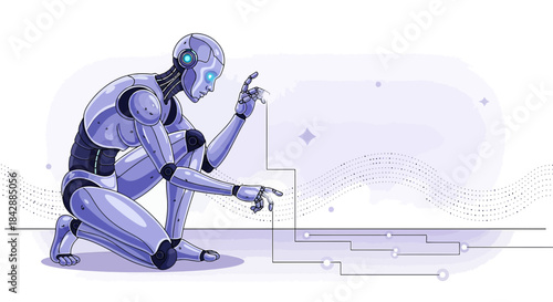 Futuristic humanoid robot interacting with digital interface, exploring future trends