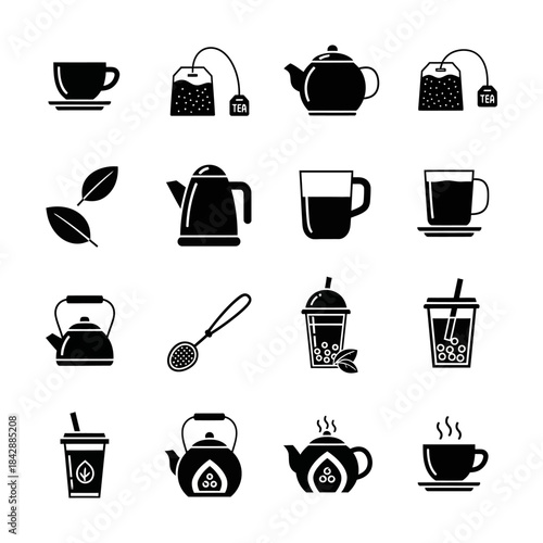 Clean graphic icons for tea brewing and serving, capturing the ritual with kettles, pots, cups, and leaves for elegant beverage design