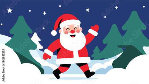 Flat vector illustration of Santa waving cheerfully in snowy weather, ideal for holiday ads, posters, greeting cards, packaging, and cheerful Christmas-themed visuals