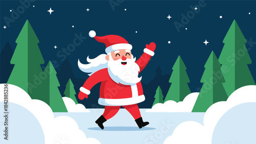 Flat vector illustration of Santa waving cheerfully in snowy weather, ideal for holiday ads, posters, greeting cards, packaging, and cheerful Christmas-themed visuals