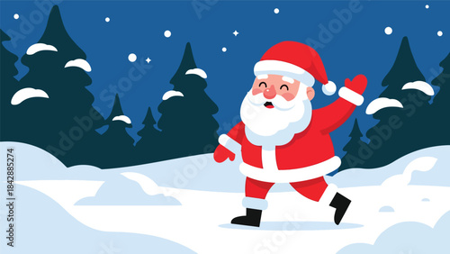 Flat vector illustration of Santa waving cheerfully in snowy weather, ideal for holiday ads, posters, greeting cards, packaging, and cheerful Christmas-themed visuals
