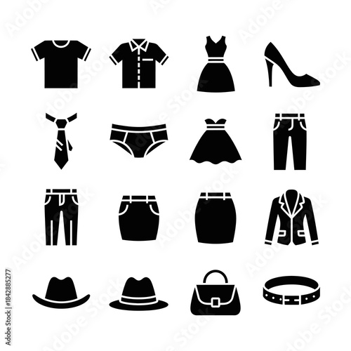 Collection of clothing and accessories icons casual wear, formal attire, and footwear options