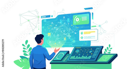 Futuristic interface analysis: Man interacts with advanced digital platform visualization