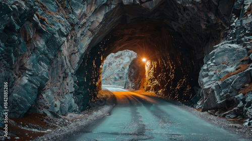 Road through a rocky mountain tunnel with dramatic lighting stone