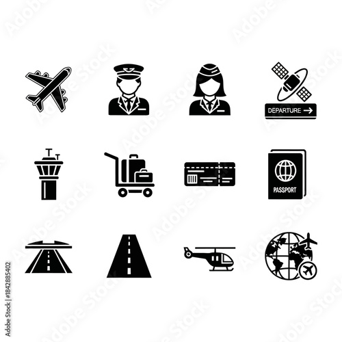 Collection of aviation and travel icons airport, airplane, pilot, flight attendant, runway, helicopter, passport, boarding pass, luggage, control tower, and satellite