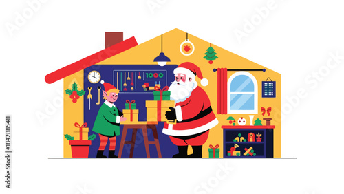Modern flat illustration of Santa packing gifts in his workshop, ideal for festive branding, holiday packaging, children’s content, and Christmas promotional materials
