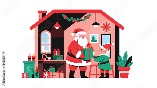Modern flat illustration of Santa packing gifts in his workshop, ideal for festive branding, holiday packaging, children’s content, and Christmas promotional materials