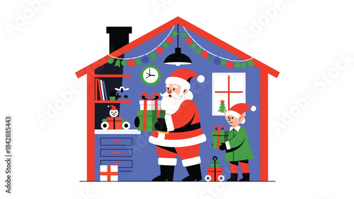 Modern flat illustration of Santa packing gifts in his workshop, ideal for festive branding, holiday packaging, children’s content, and Christmas promotional materials