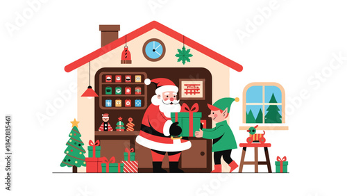 Modern flat illustration of Santa packing gifts in his workshop, ideal for festive branding, holiday packaging, children’s content, and Christmas promotional materials