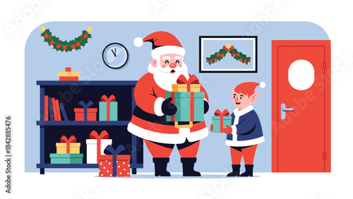 Modern flat illustration of Santa packing gifts in his workshop, ideal for festive branding, holiday packaging, children’s content, and Christmas promotional materials
