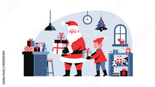 Modern flat illustration of Santa packing gifts in his workshop, ideal for festive branding, holiday packaging, children’s content, and Christmas promotional materials