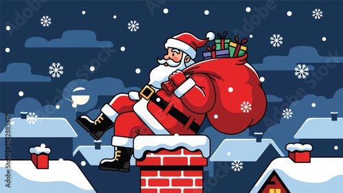 Modern flat vector of Santa climbing down a chimney with gift bag, ideal for Christmas storytelling, greeting cards, festive illustrations, and seasonal digital content