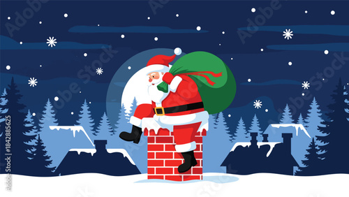 Modern flat vector of Santa climbing down a chimney with gift bag, ideal for Christmas storytelling, greeting cards, festive illustrations, and seasonal digital content