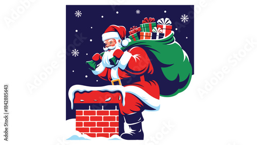 Modern flat vector of Santa climbing down a chimney with gift bag, ideal for Christmas storytelling, greeting cards, festive illustrations, and seasonal digital content