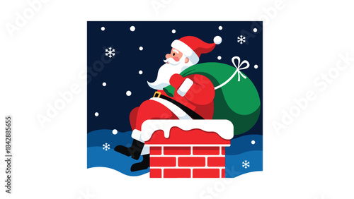 Modern flat vector of Santa climbing down a chimney with gift bag, ideal for Christmas storytelling, greeting cards, festive illustrations, and seasonal digital content